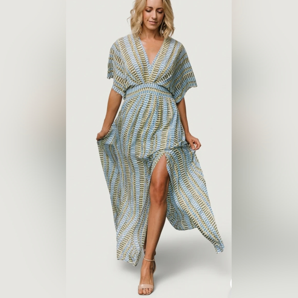Baltic Born Blue & Olive Striped Maxi Dress with Side Slit Size 2x
